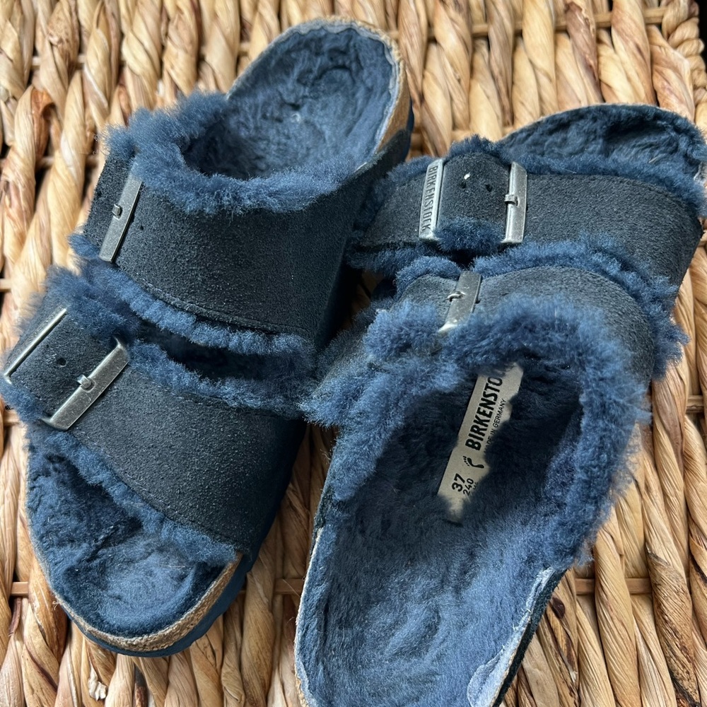 Birkenstock Navy Blue Shearling Sandals